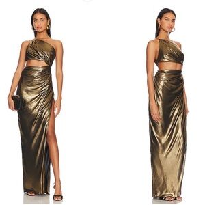 The Sei REVOLVE One Shoulder Cut Out Gown in Gold Lame